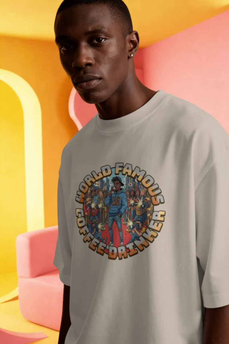 Model wearing the World Famous Coffee Drinker graphic tee